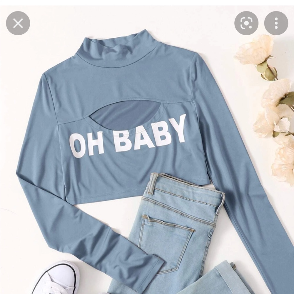 mock neck cut out letter graphic top